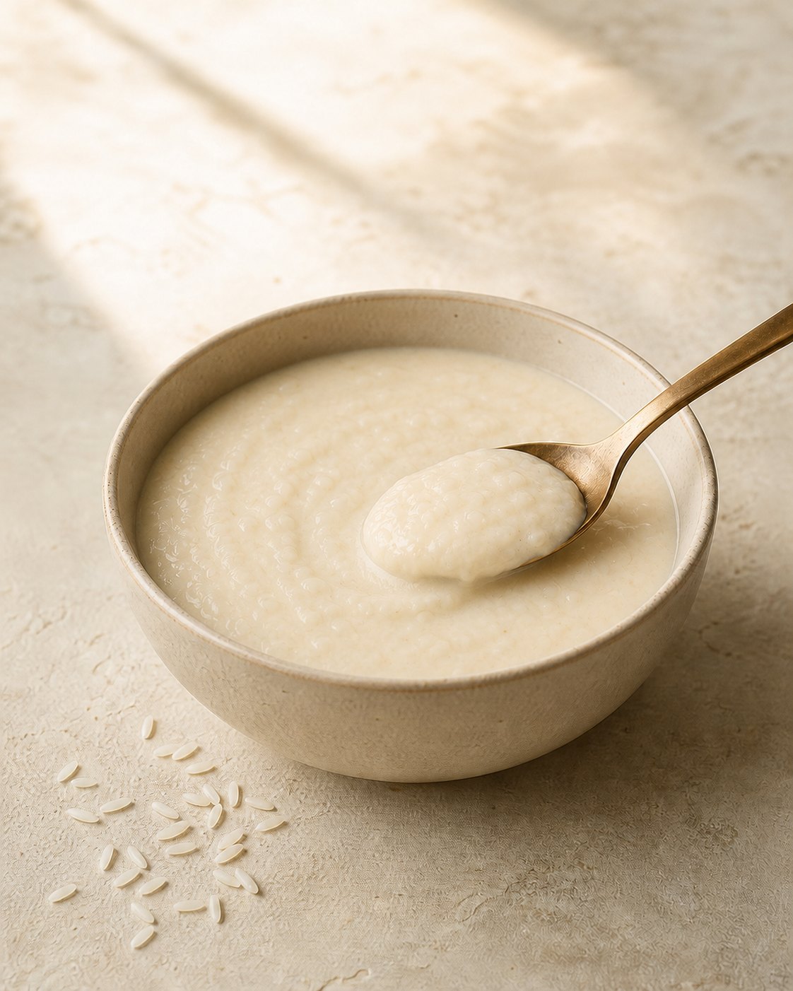 A ceramic bowl filled with smooth, creamy rice cereal, shown as a GrainVolt serving concept.